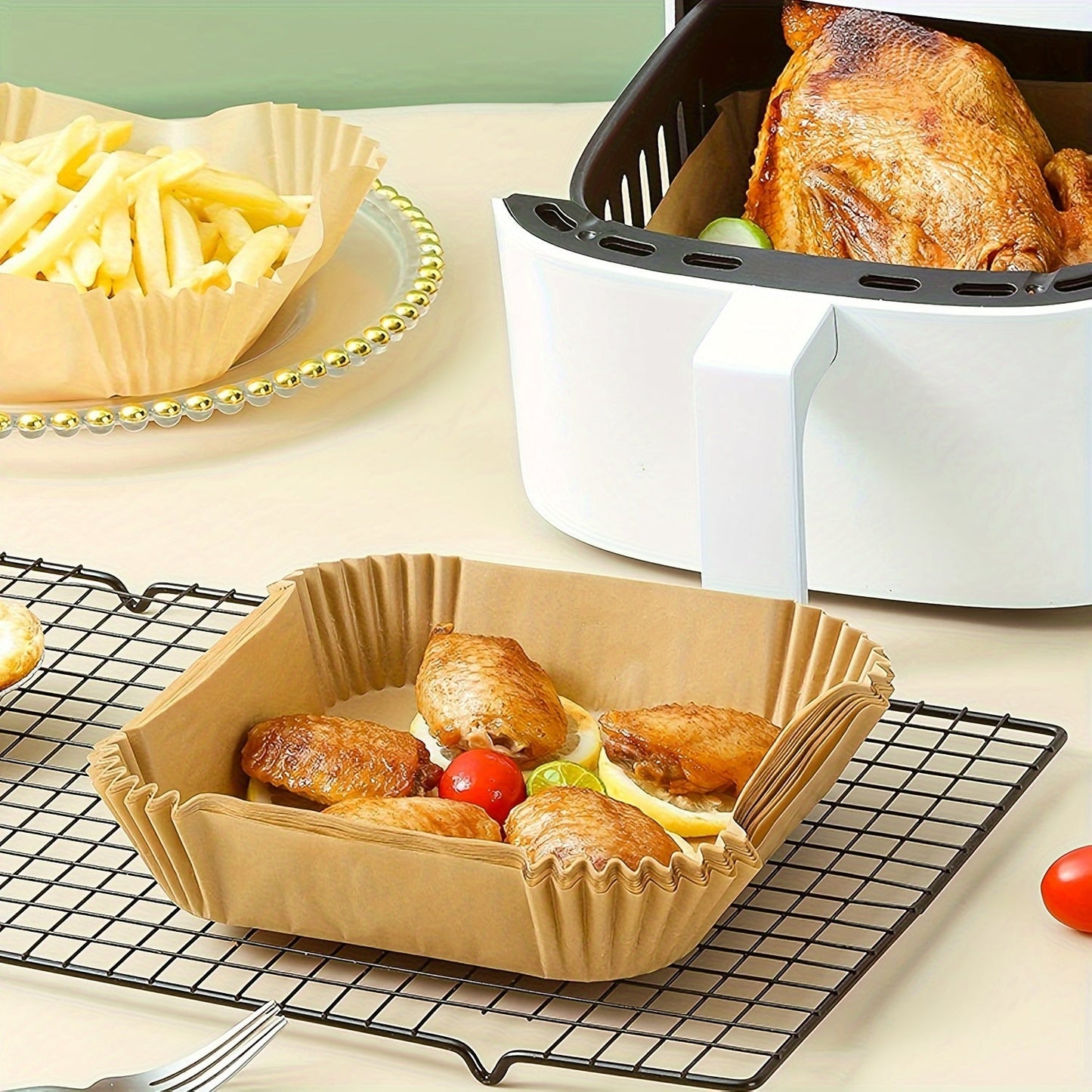 Square Air Fryer Paper Pads available in packs of 50, 100, and 250 pieces. These disposable pads are made of silicone oil and water-proof BPA-free paper, ensuring safe and healthy food preparation. Suitable for use as Air Fryer accessories and for baking.