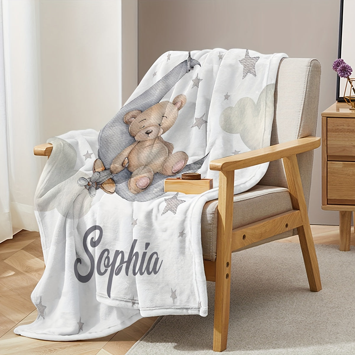 Get your very own Customizable Teddy Bear Moon Blanket with Personalized Name. This lightweight Flannel blanket is perfect for use on your sofa, bed, while traveling, camping, in the living room, office, or on a chair. Featuring a Digital Print in mixed