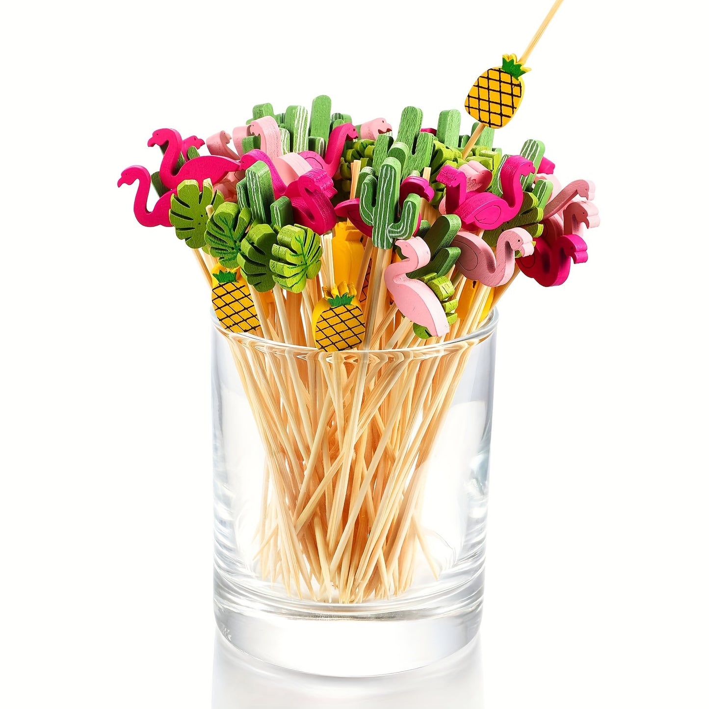 100 Cocktail Picks, 11.94 cm, Pearl Fancy Flamingo Sticks for Appetizers and Fruit, Hawaii Set for Tropical Parties.