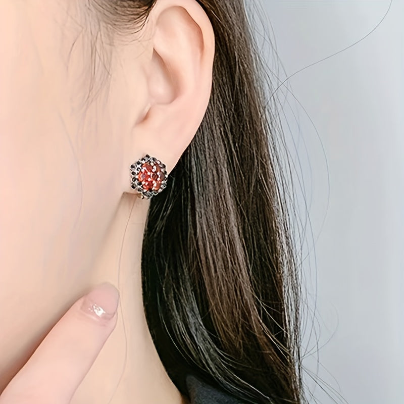 Sterling Silver Garnet Stud Earrings with Vintage Flower Design, Black Accent Stones, and Synthetic Zirconia. Hypoallergenic Ear Needle, High-Quality Jewelry Gift - 4.0g