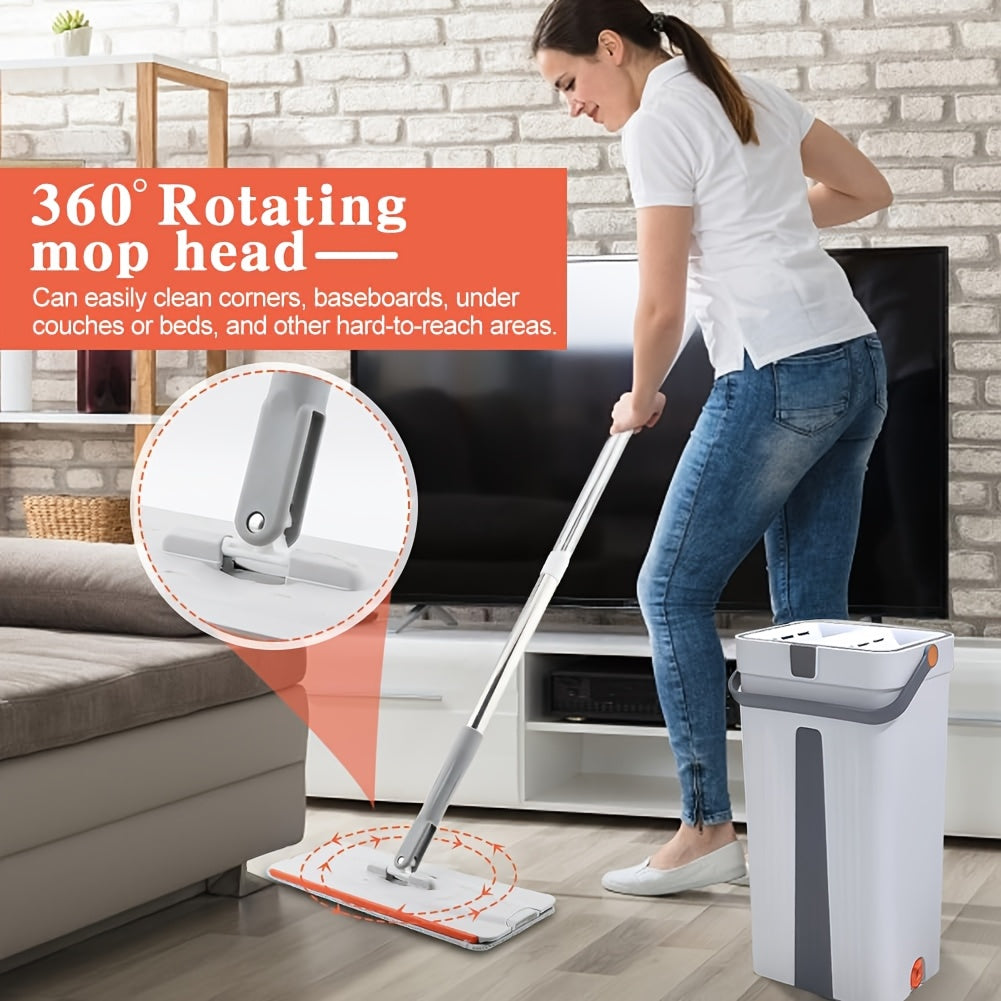 Flat Mop and Bucket Set with Wringer - No Hands Required! Features a 132.08cm Long Handle and 4 Reusable Microfiber Pads for Easy Floor, Wall, and Window Cleaning. Perfect for Bedroom, Kitchen, Living Room, and Home. Great for Window Cleaning too!