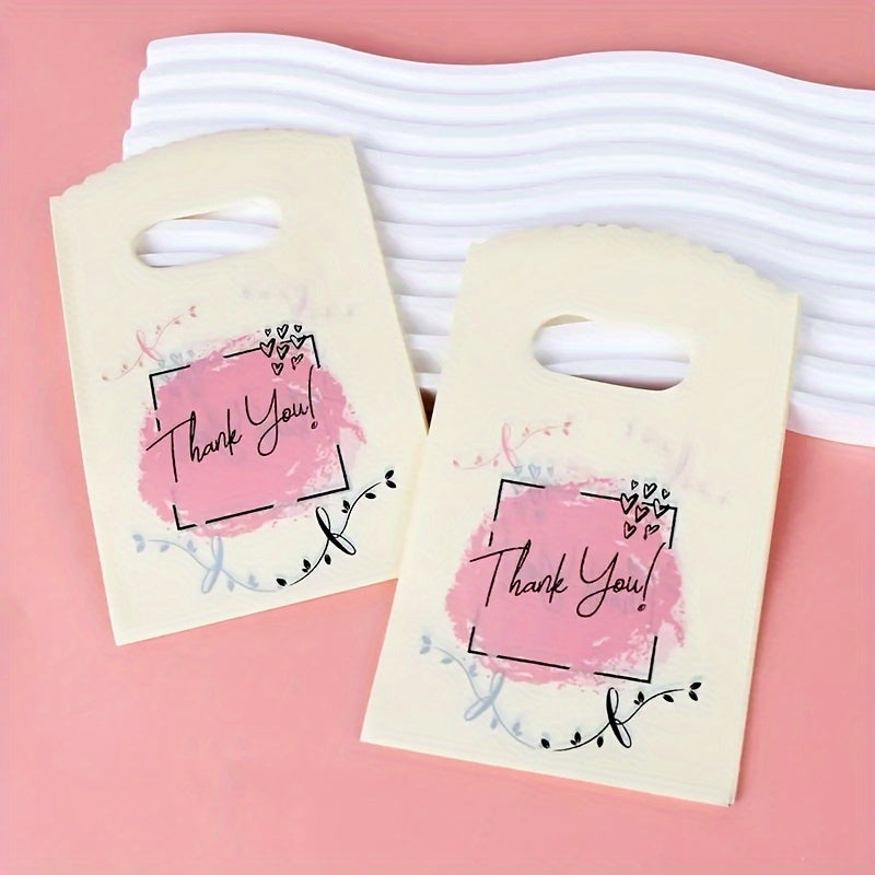 100 Mini Plastic Gift Bags with Handles, 'Thank You' Printed, ideal for Jewelry Packaging, Party Favors, and Beading Supplies.