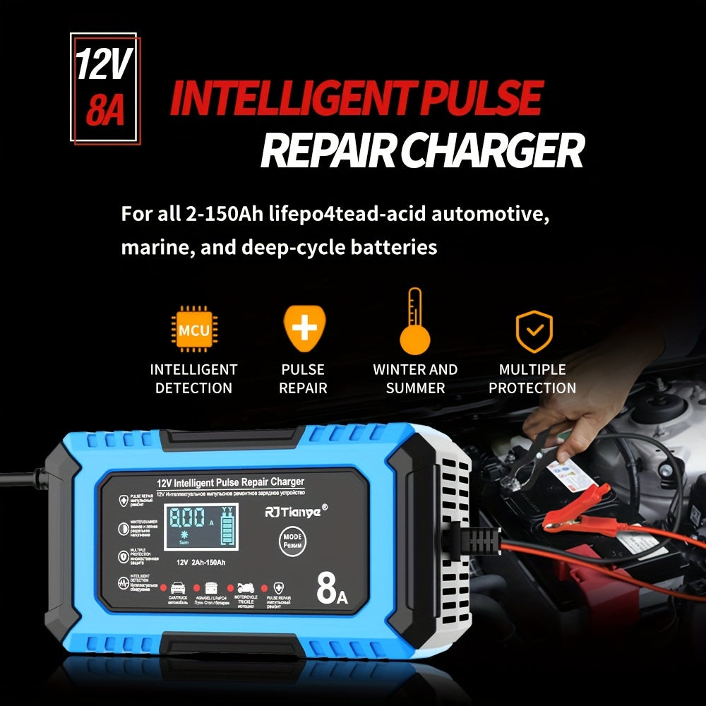 12V 8A Smart Pulse Repair Charger with LCD Display for Vehicles - Intelligent Battery Maintainer for Various Battery Types - Automatic Mode, Overheat & Overcharge Protection, Stylish Red &