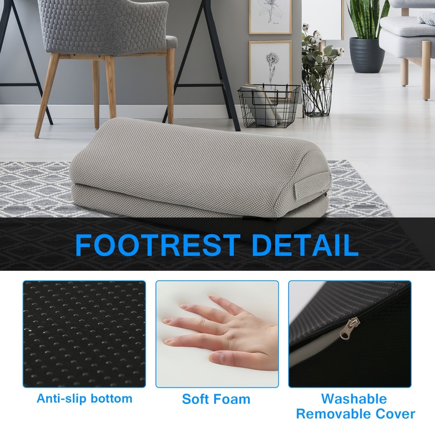 Under desk foot rest with washable cover, adjustable height for car, home, and office.