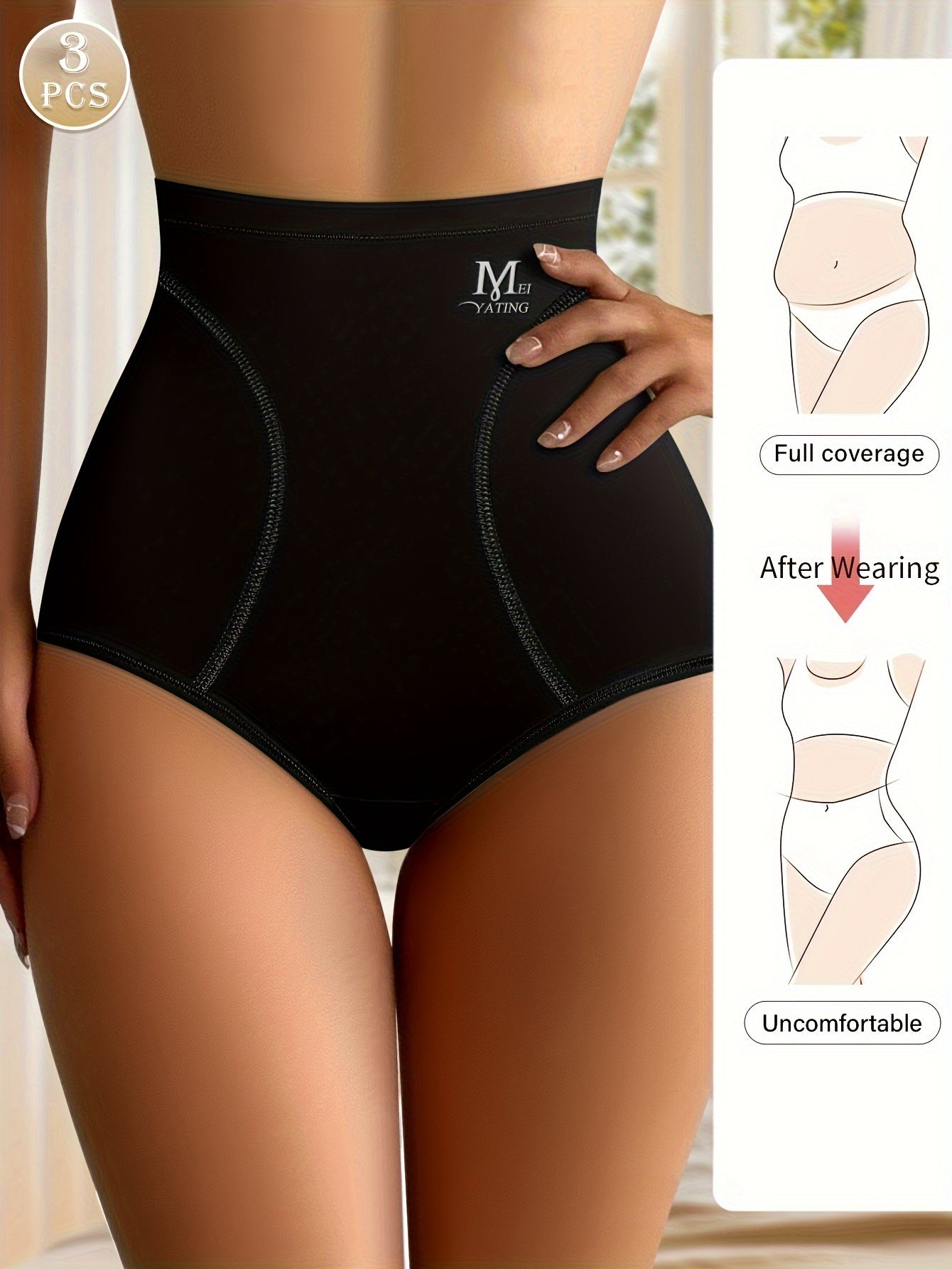 3-Pack of MIOTAN high-waisted tummy control briefs for women made of seamless solid color fiber with an elegant style and comfortable fit. They are designed for shaping and lifting, made of