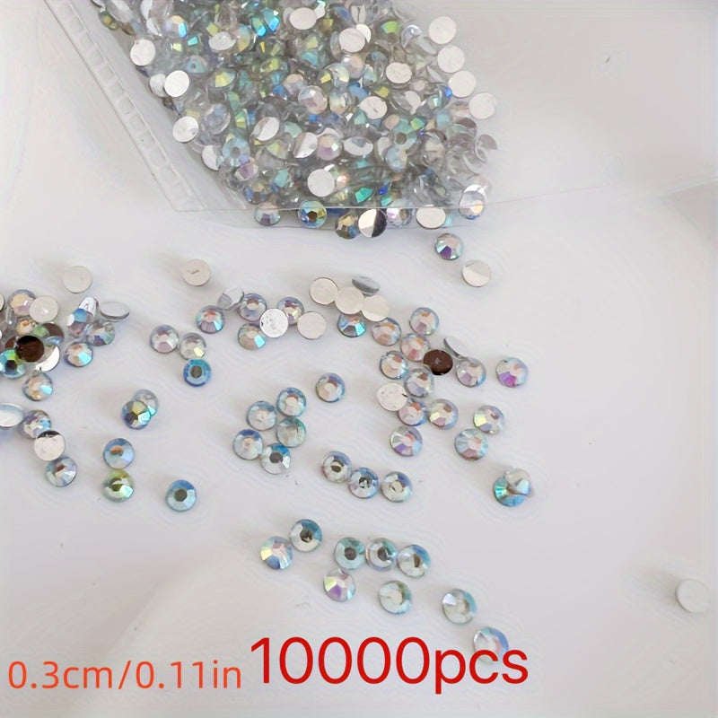 10,000 pieces of Crystal AB Flatback Rhinestones available for Nail Art, DIY Crafts, and Jewelry Making. These Non-Hotfix Resin Gems are perfect for adding a touch of sparkle to your projects.