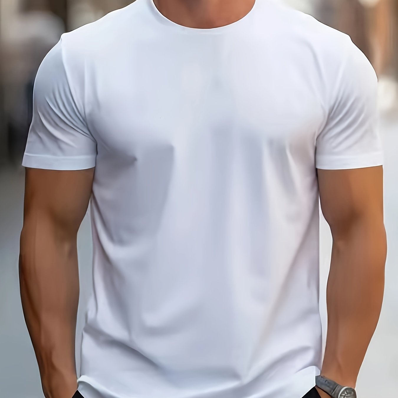 Men's Solid Color Crew Neck T-Shirt - 95% Polyester, 5% Spandex, Regular fit, Summer top for Adults.