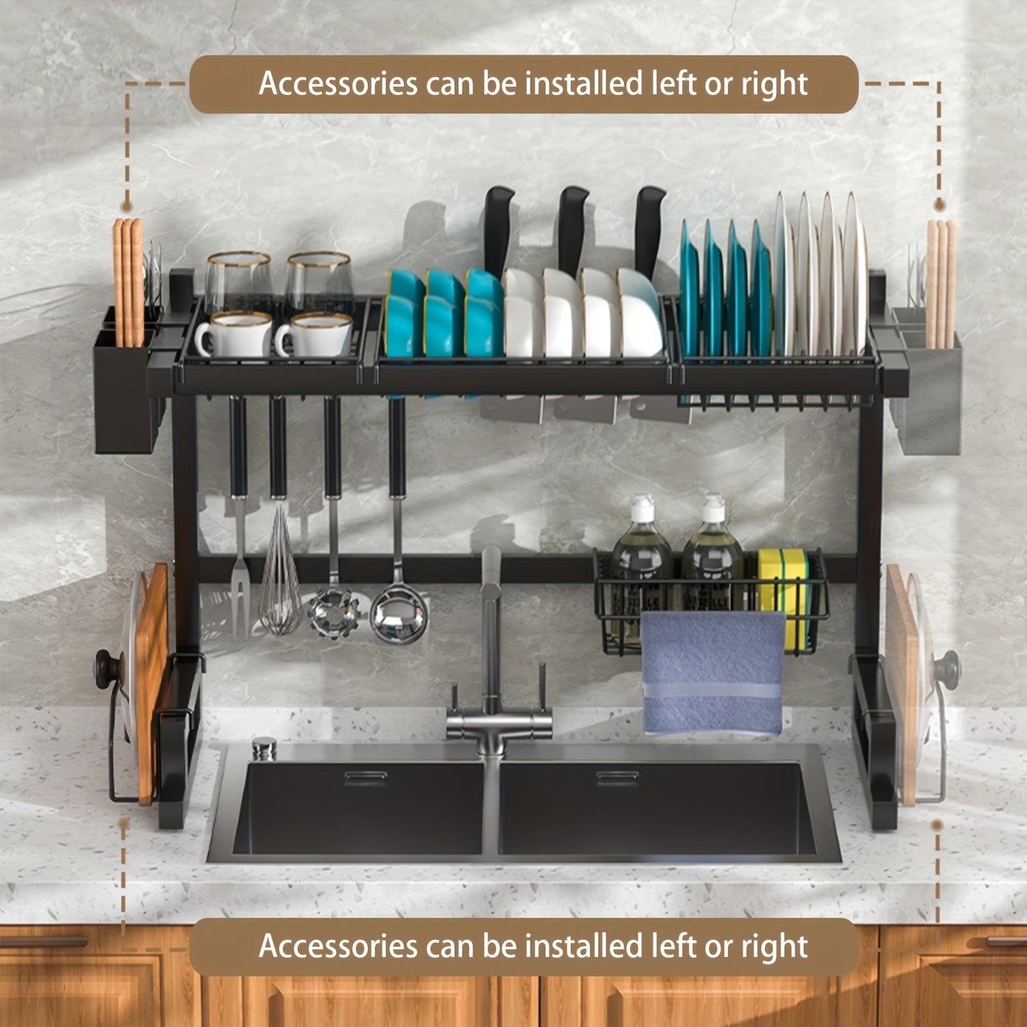 Large black metal dish drying rack that fits over the sink, includes detachable shelf with utensil holder, cup rack, and cleaning sponge caddy. Saves space in the kitchen and doesn't require electricity. Great for organizing kitchen storage.