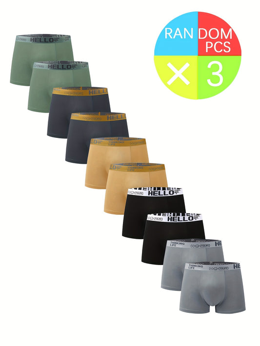 Men's boxer briefs in sets of 3, 5, 7, or 10. Made of breathable polyester knit fabric with solid color. High stretch, quick dry, comfortable for daily wear.