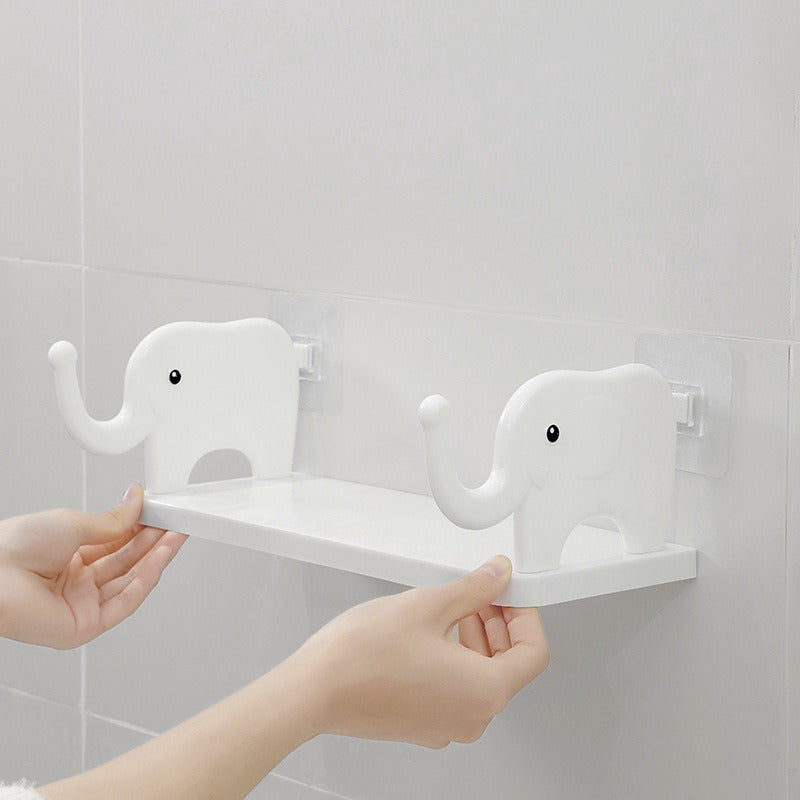 Wall-mounted storage rack shaped like an elephant, no need for drilling, versatile organizer for kitchen, bathroom, and study.