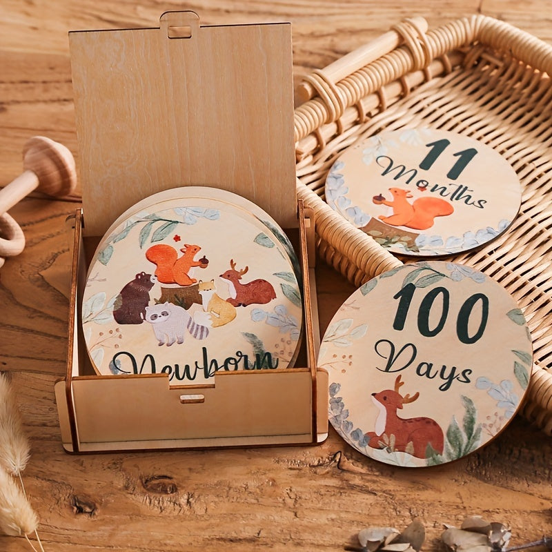 Wooden Milestone Coasters featuring Forest Animals - Perfect for Capturing Growth Month Photos and Creating Lasting Memories in Baby's First Year