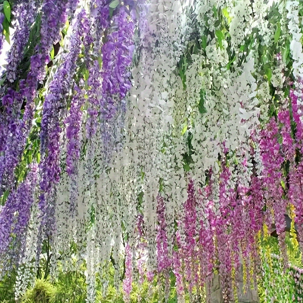 10 artificial wisteria garlands for indoor/outdoor decor, made of plastic, perfect for weddings and engagements, no electricity or batteries required.