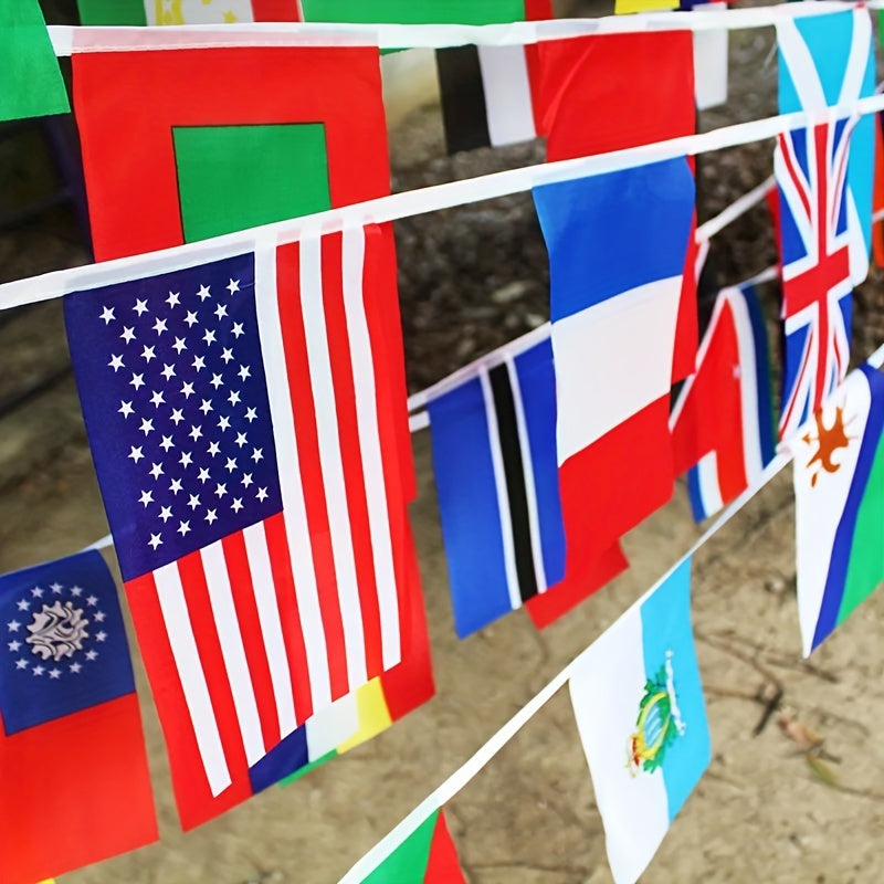 International world flag banner for room decor featuring flags from 25/50/100 countries. Made of non-woven polyester, perfect for various events such as weddings, graduations, beach