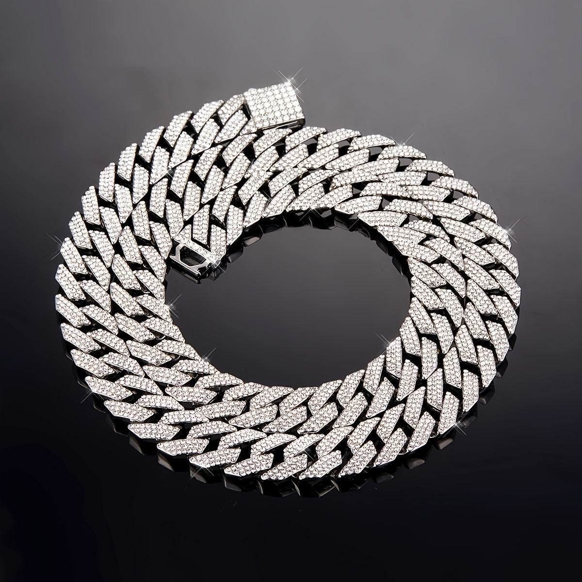 Icy 3-Row Rhinestone Cuban Link Chain Necklace for Men - Edgy Hip Hop Fashion, Made of Zinc Alloy, Ideal for Party Wear