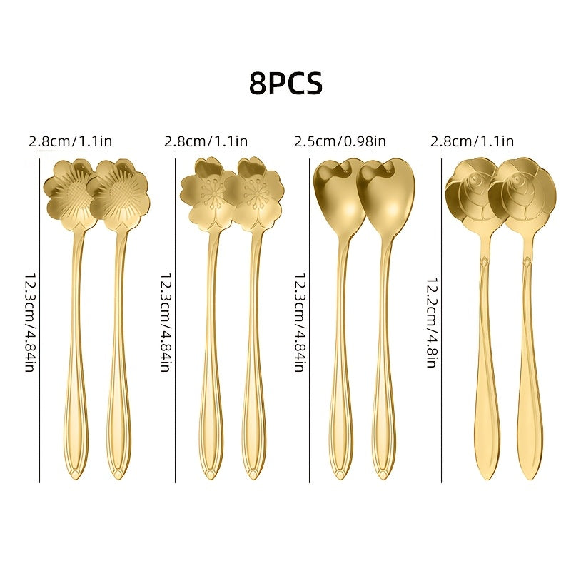 Set of 8 elegant stainless steel coffee spoons with a flower pattern; perfect for serving coffee and dessert. An ideal kitchen gift for coffee lovers, suitable for holidays such as Christmas, Halloween, Thanksgiving, Easter, and Hanukkah.