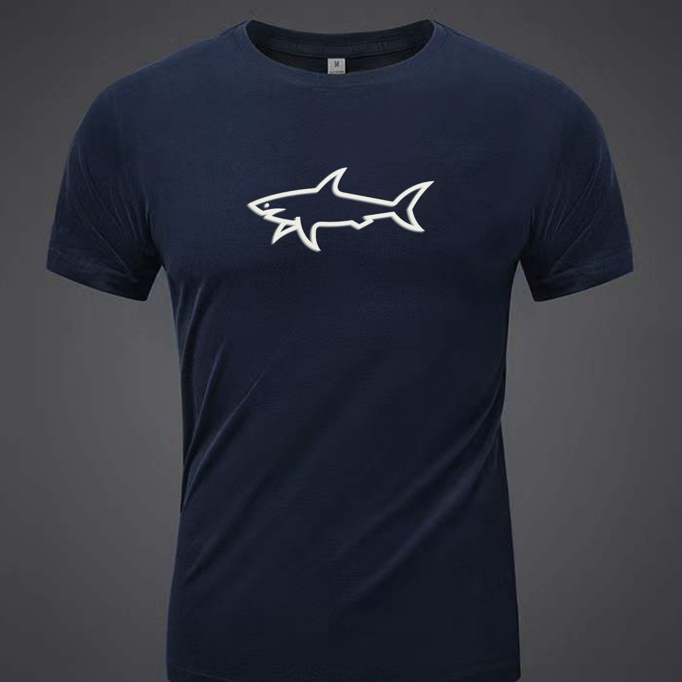 100% Cotton Men's T-Shirt with Shark Graphic, Crew Neck Short Sleeve Tee, Flocking Print, Summer Fabric Top