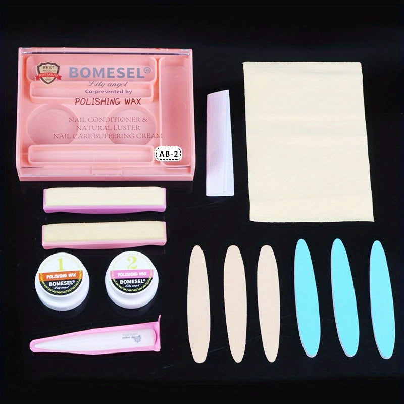 Set includes manicure tools for polishing nails.