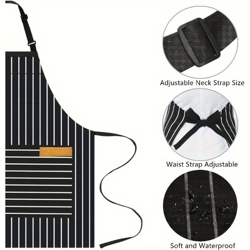 One or two adjustable aprons in a stylish black and white striped design, featuring a convenient pocket for both women and men in the home kitchen. Perfect for cooking, these chef aprons are essential kitchen supplies.