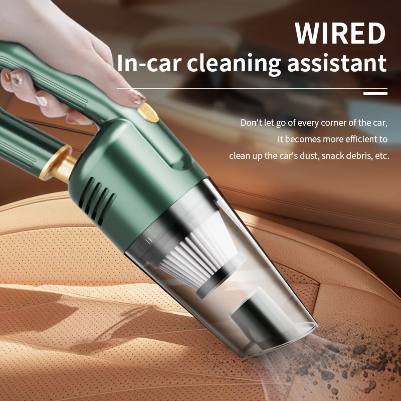 Powerful 12V car vacuum with extended cable, accessories, and strong suction - quiet and efficient.