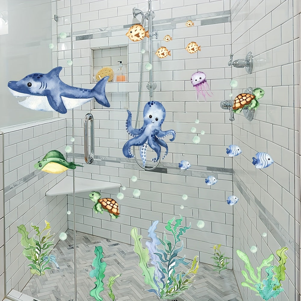 6 waterproof bathtub stickers featuring shark, seaweed, and octopus patterns to prevent slipping.