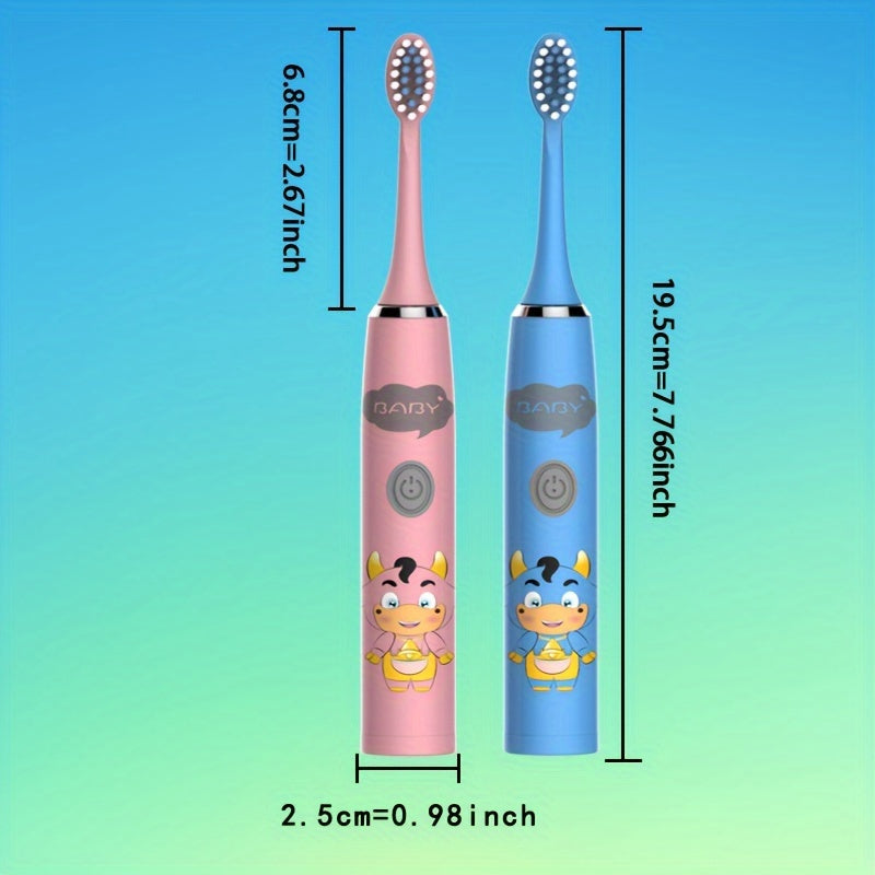 2 Electric Toothbrushes with battery-powered cartoon style and replaceable ultra-soft bristles. Includes 2-12 brush heads and a 2-minute smart timer for effective dental plaque cleaning