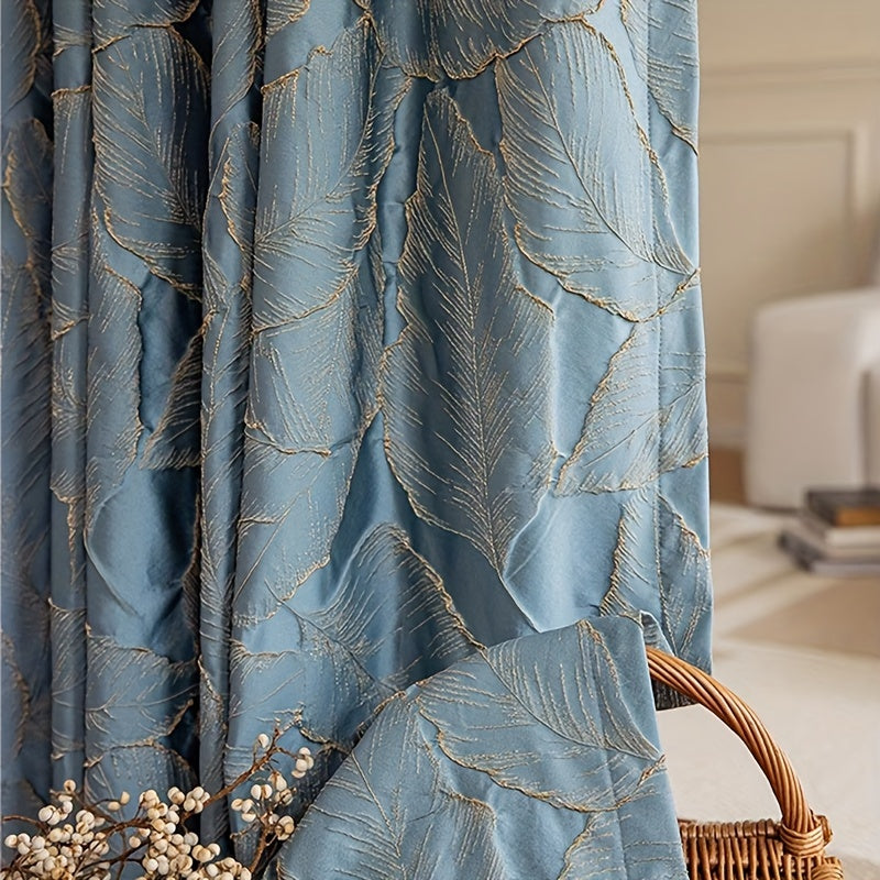 Luxurious embossed bronzing leaf curtains with semi blackout feature, perfect for living rooms and bedrooms. These curtains feature a jacquard design with a 3D plant pattern, adding a touch of elegance to any room. The grommet top farmhouse drapes are a