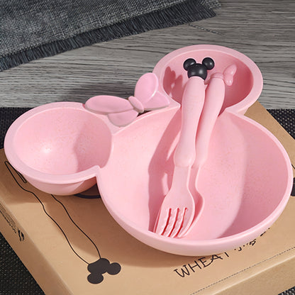 3PCS Cartoon Shaped Training Bowl with Divided Bowl, Snack Plate, and Cutlery Set. Includes 1 Bowl, 1 Spoon, and 1 Fork. Dishwasher safe, non-toxic, BPA free. Ideal for kitchen and tableware.