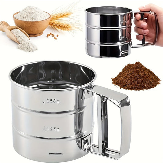 A handheld stainless steel flour sifter that is semi-automatic and easy to use. Perfect for baking, sugar, and flour sieving in both home and commercial kitchens. No electricity required, making it perfect for baking needs.