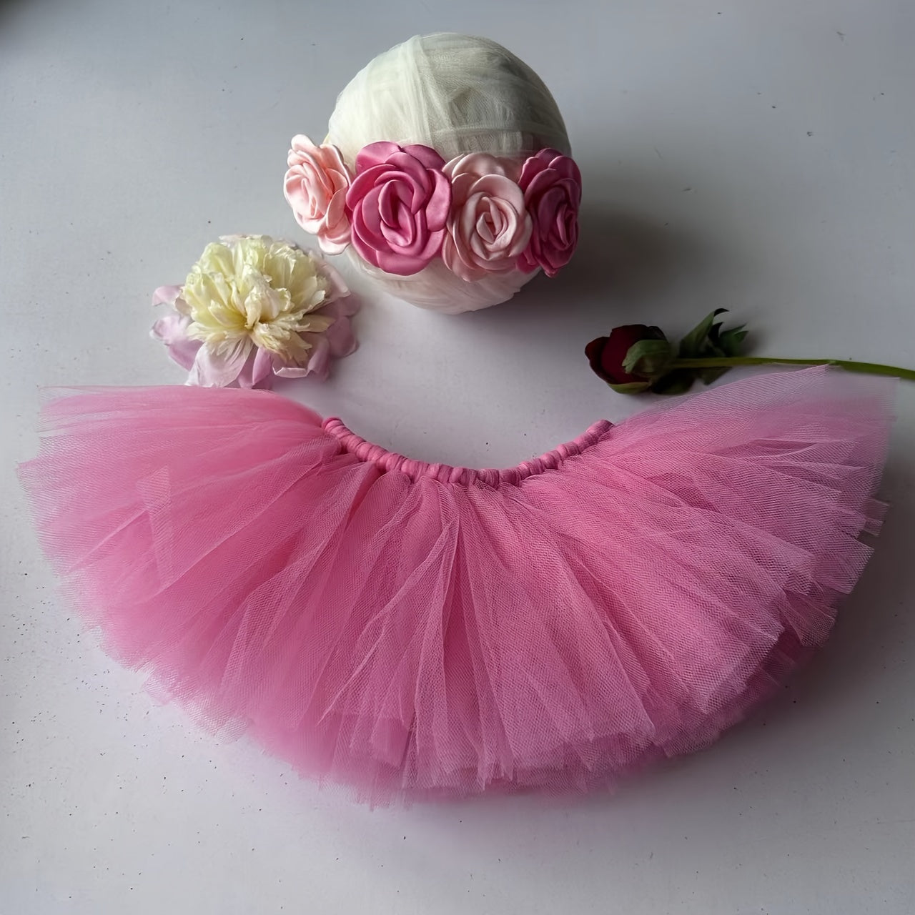 Newborn Girls' Pink Ballet Skirt Set and Floral Headband - Perfect Outfit for Festive Occasions - Includes Puffy Tulle Skirt, Headband, and Nylon Material - Ideal for Birthdays, Photo Props, or Baby Gifts