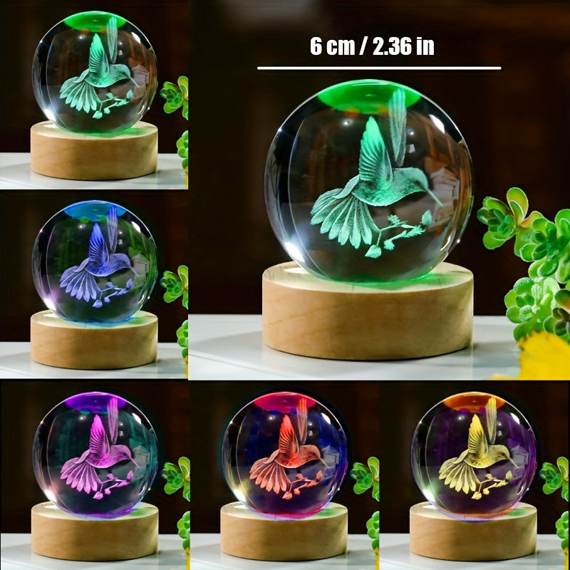 3D Hummingbird Crystal Ball Night Light - USB Powered, Color-Changing Animal Figurine, Ideal Gift for Birthdays & Graduations