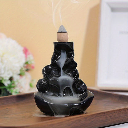 Stylish Black Resin Backflow Waterfall Incense Burner with Wooden Sticks - Classic Design for Halloween Decor, Floor Installation, Incense Holder