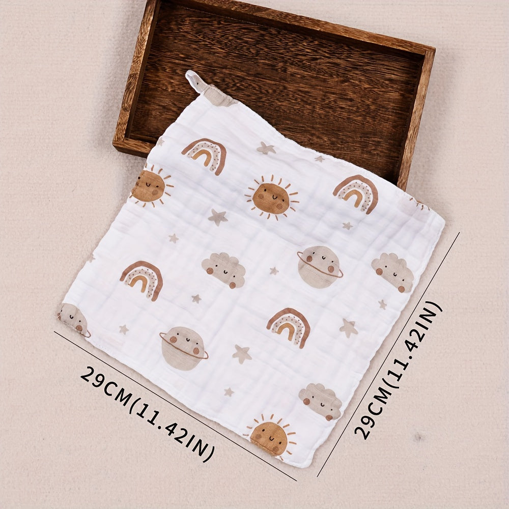 Set of 5 Bamboo Muslin Square Towels featuring adorable prints. These soft, 4-layer face towels can also be used as burp cloths.