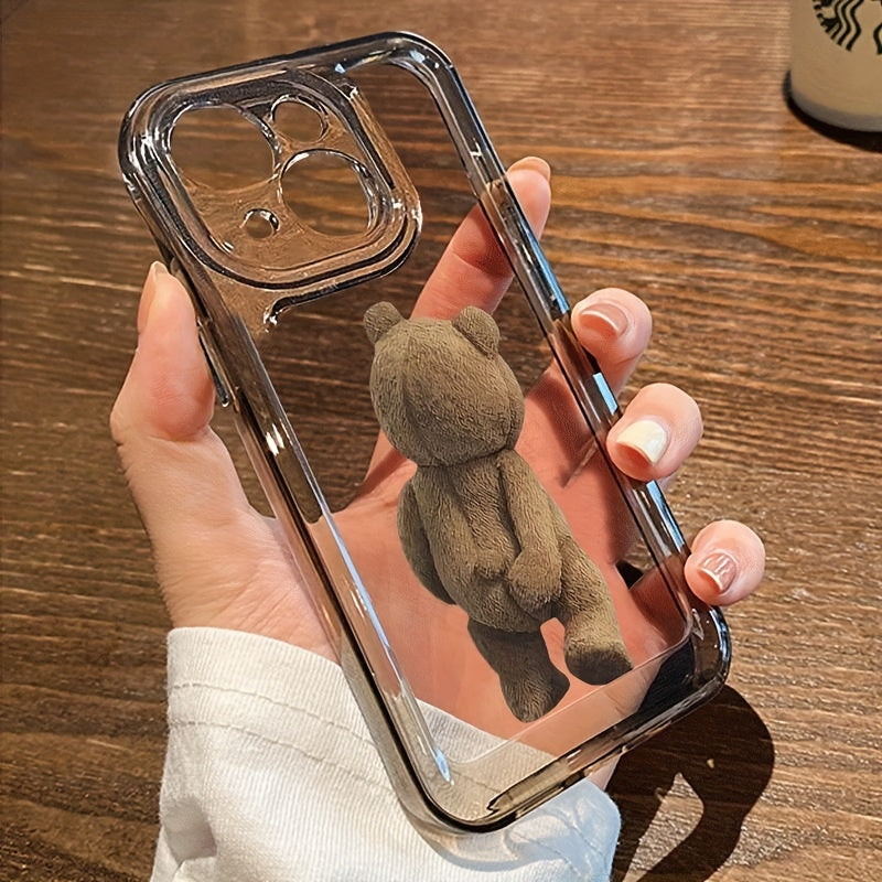 Transparent TPU phone case featuring a cartoon teddy bear design, compatible with various iPhone models.