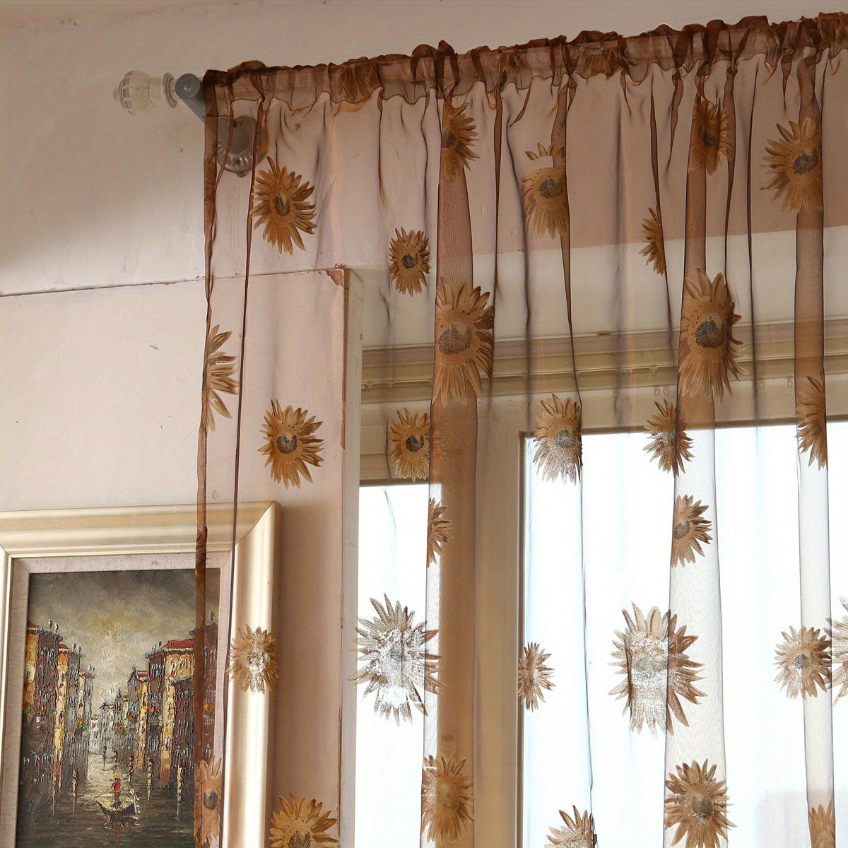 Sunflower Printed Sheer Curtain with Thin Flower Design - Ideal for Bedroom, Office, Kitchen, Living Room, Study - Rod Pocket Window Treatment for Home Decor and Aesthetic Room Decoration