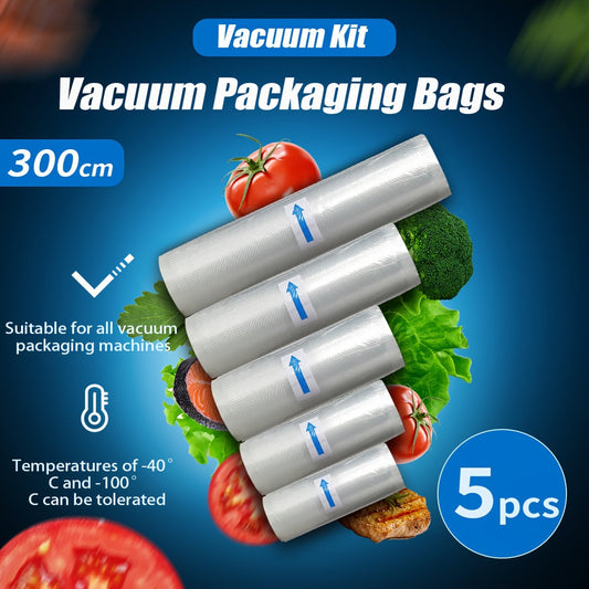 Five rolls of vacuum-sealed bags with various sizes for food storage. These bags are free of bisphenol A and are made with a seven-layer co-extruded diamond pattern vacuum film, perfect for preserving and packaging food.