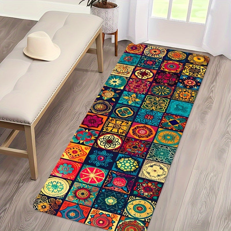 1pc Bohemian Square Floor Mat, Non-Slip, 8mm Thick, Machine Washable Polyester - Ideal for Various Indoor and Outdoor Spaces