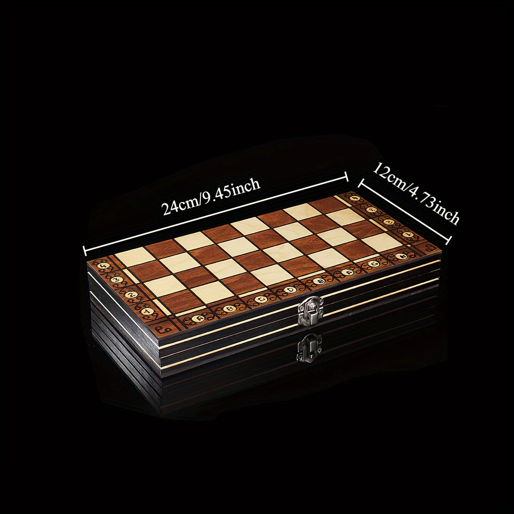 Wooden 3-in-1 board game set with chess, checkers, and backgammon. Foldable, portable, and velvety interior for slip-resistance. Durable wood fiber construction. Suitable for teens and