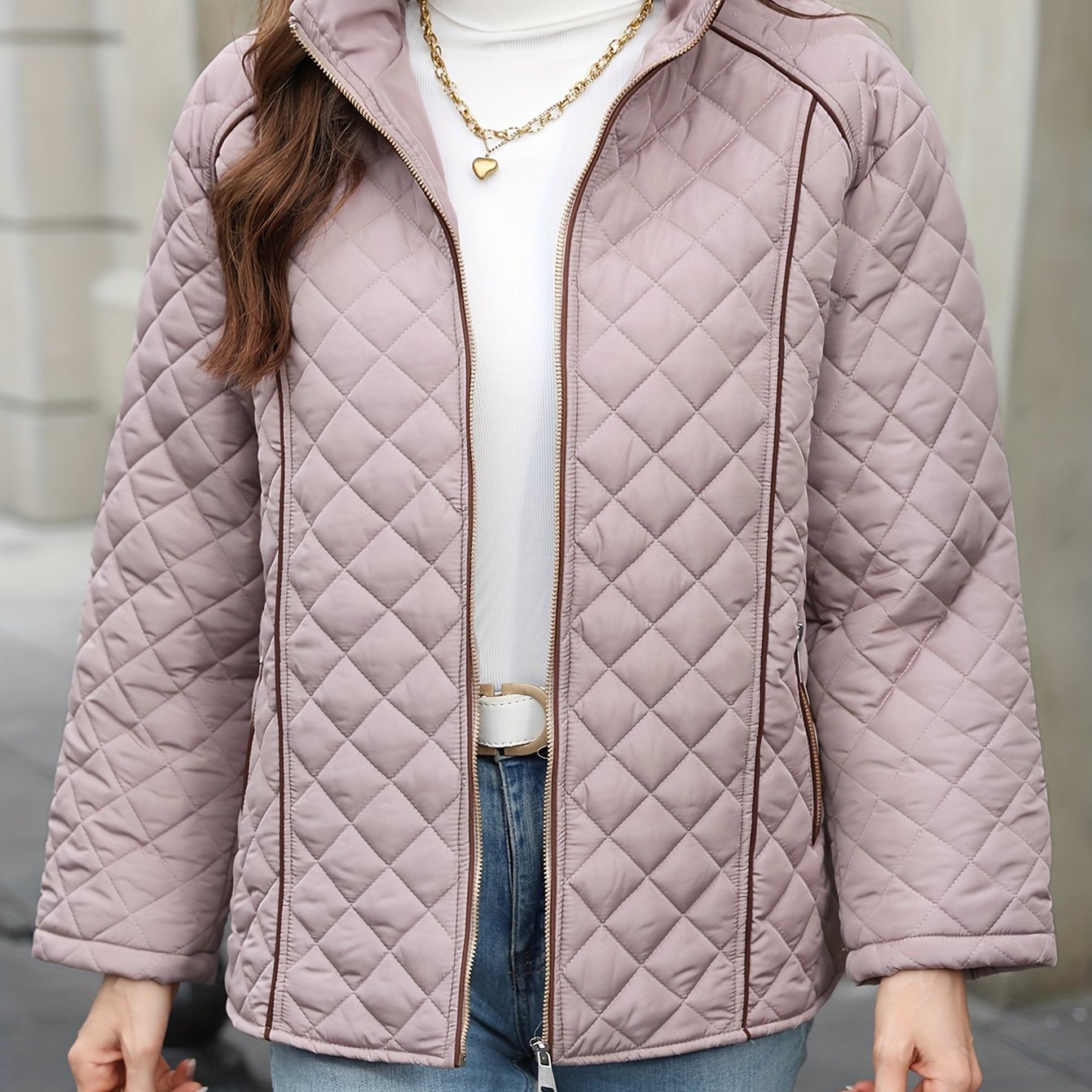 Women's plus size quilted jacket with zipper closure, polyester material, long sleeves, solid color, autumn/winter outerwear.