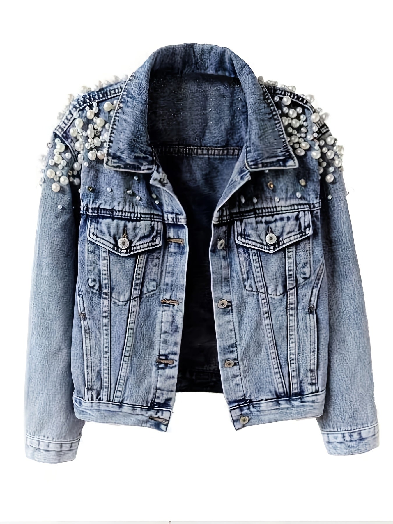 Vintage-style large pearl studded denim jacket for women, perfect for street fashion in spring and autumn.