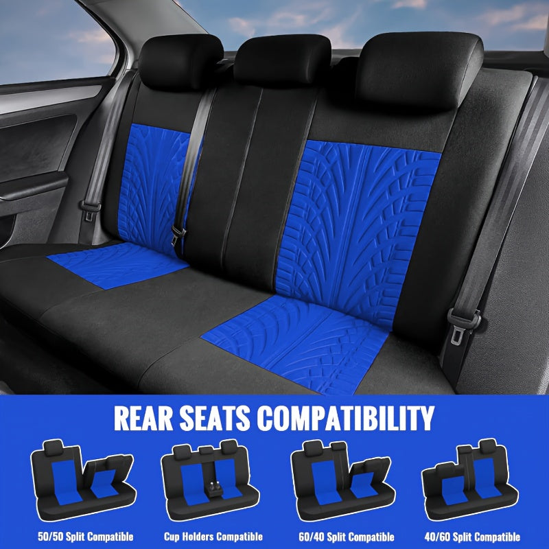 Polyester car seat cover for 5-seater vehicles, breathable and stain-resistant, with tire tread design. Fits sedans and SUVs.