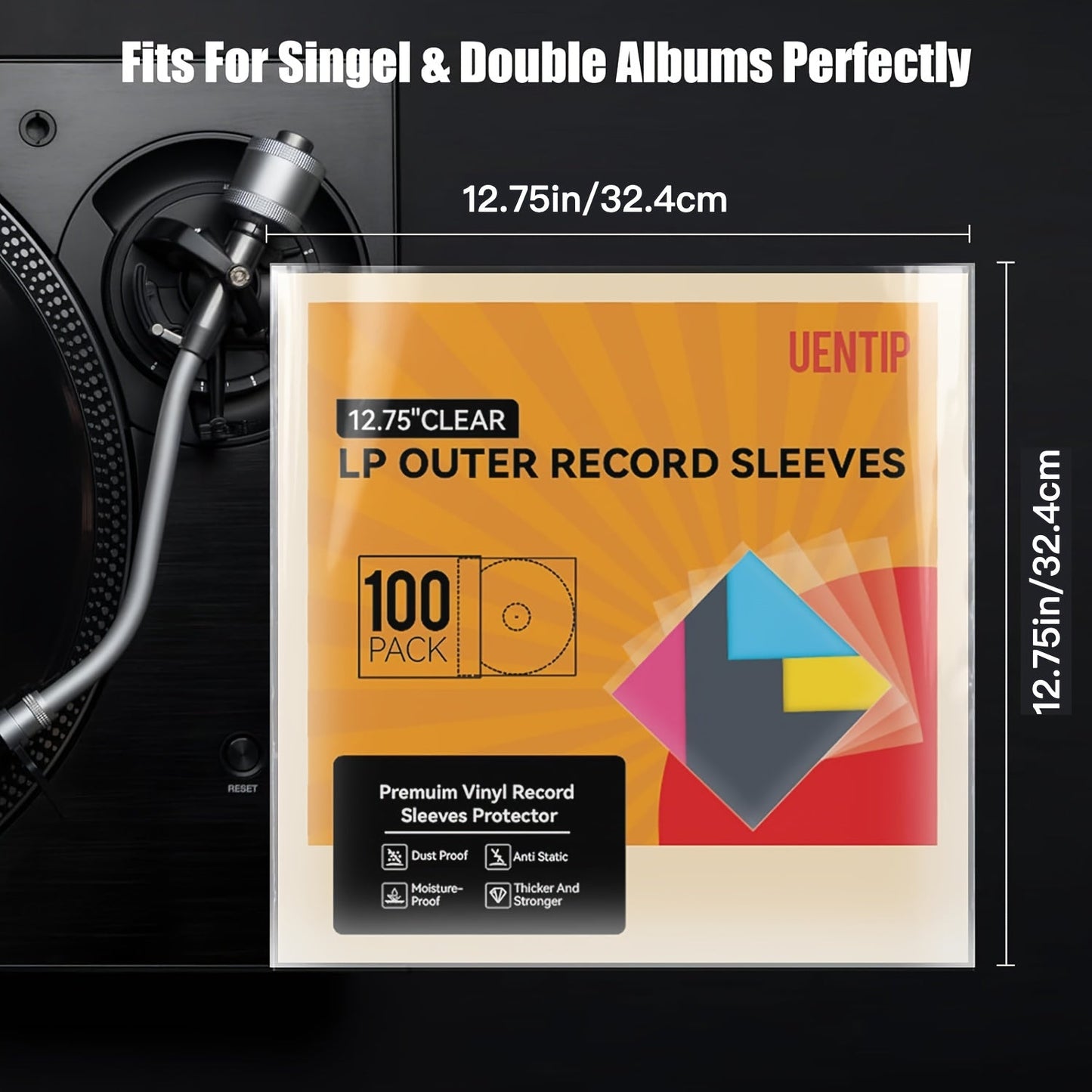 We have vinyl record jackets available in packs of 100, 50 or 25. These 12-inch LP jackets are durable, wrinkle-free, and crystal clear. They are made of high-density polypropylene and are 3mm thick. Each jacket measures 12.75 inches by 12.75 inches