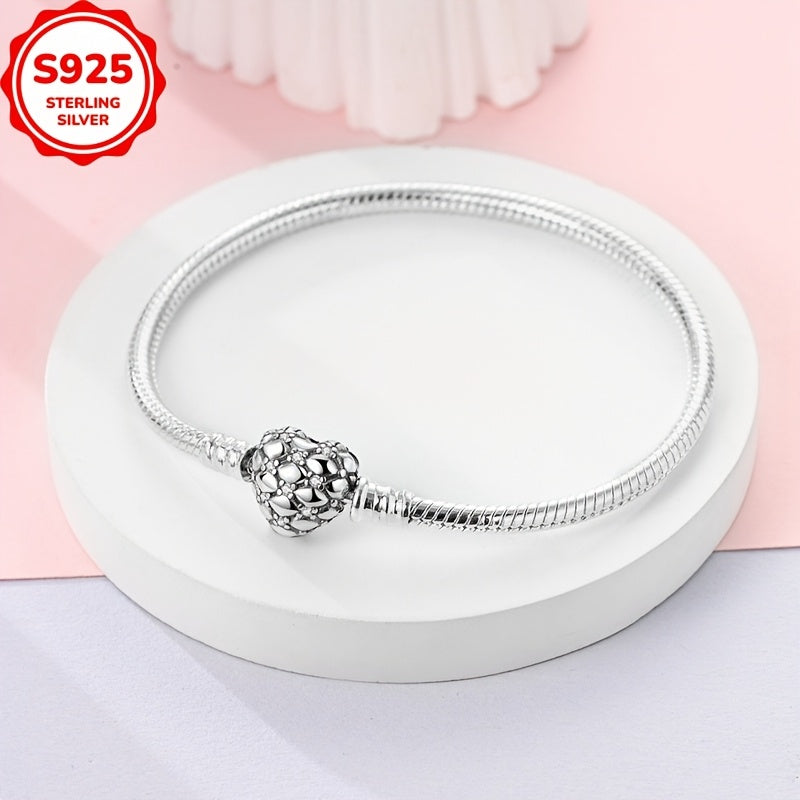 925 Sterling Silver Heart Snake Bone Bracelet with Sparkling Grid Design, Ideal for Charm Beads and Casual Attire