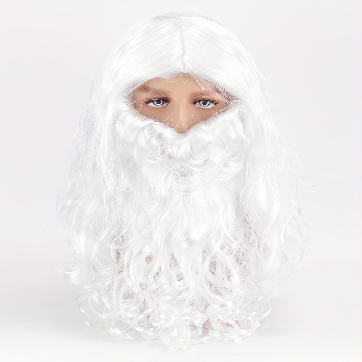 Costume Accessory for Men: 20-Inch White Beard and Wig Set resembling Santa Claus, made of heat resistant synthetic fiber with a funky wavy style. The wig can be hand washed or dry cleaned and is crafted from durable woven fabric.