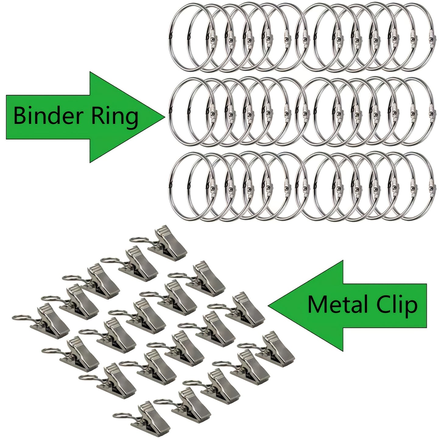 Gold and silver curtain rings with clips, inner diameter 1.38 inches, fixed accessories for curtains.