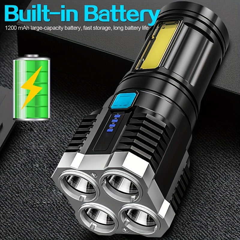 Rechargeable LED flashlight with 400mAh battery, USB powered, includes COB side light, not waterproof, includes USB cable - ideal for outdoor use.