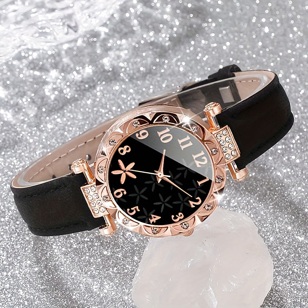 3-piece women's quartz watch set with rhinestone heart dial, PU leather strap, and fashionable design - perfect gift for girlfriend or mother.