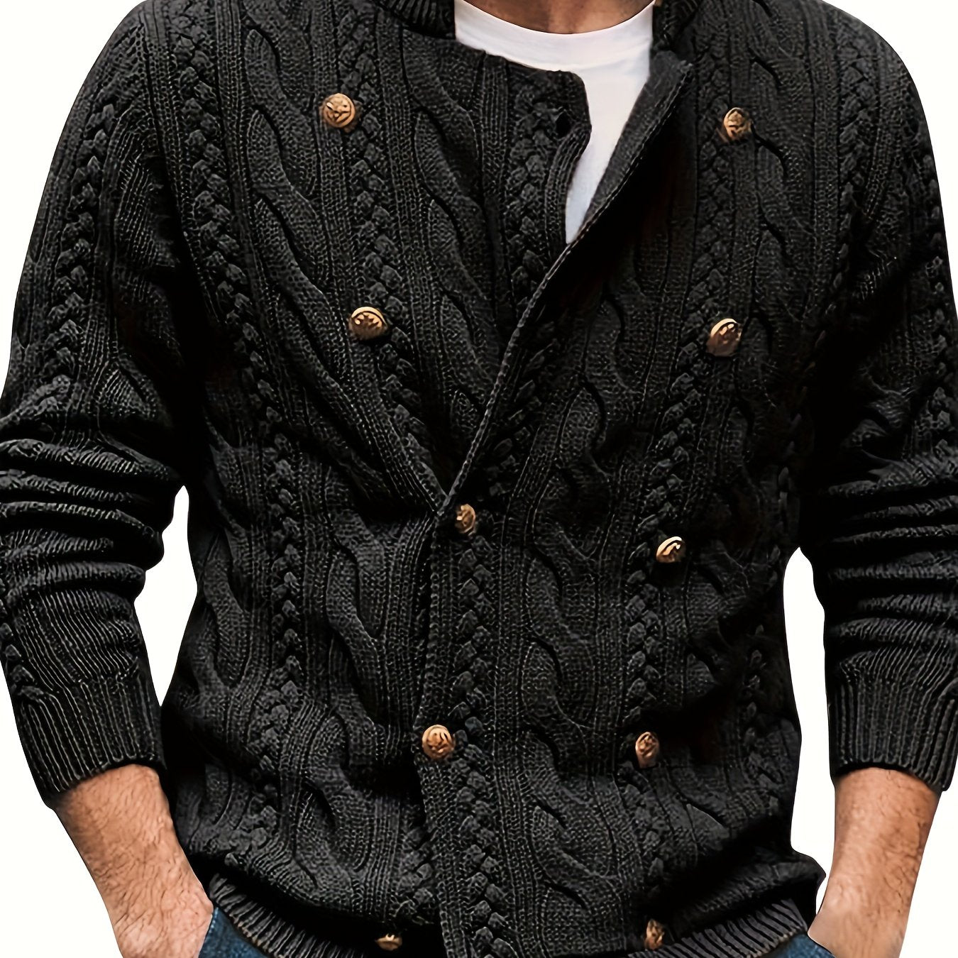 Double-breasted cable knit cardigan for plus-size men, perfect for fall and winter