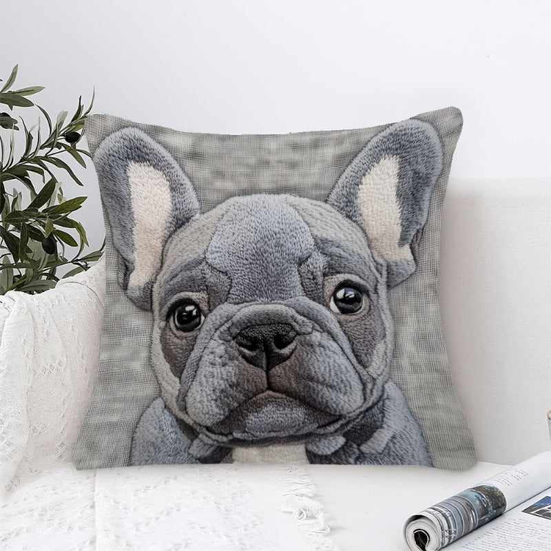 Grey Bulldog design throw pillow cover - 45.72x45.72cm, soft linen, machine washable with zipper closure. Ideal for home, office, or party decor.