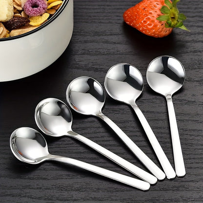 Set of five 304 stainless steel spoons, including coffee and seasoning spoons. Each spoon measures 3.86 inches in length and is perfect for gifting. These mini stirring spoons can be used for espresso, milkshakes, cappuccinos, and more. They are mirror