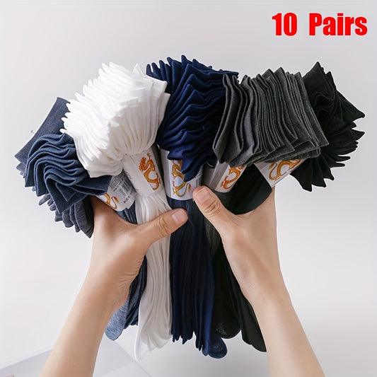 10 pairs of men's solid color crew socks for daily and outdoor wear in spring and summer, featuring anti odor and sweat absorption technology.